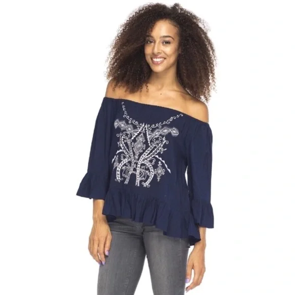 Embroidered Ruffled Hem and Cuffs Off Shoulder Top - Picture 1 of 7